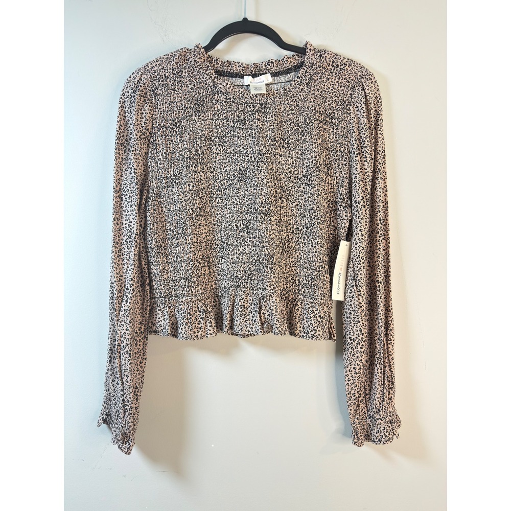 Urban Romantics Smocked Peplum Top Tan Animal Print Womens Large NWT